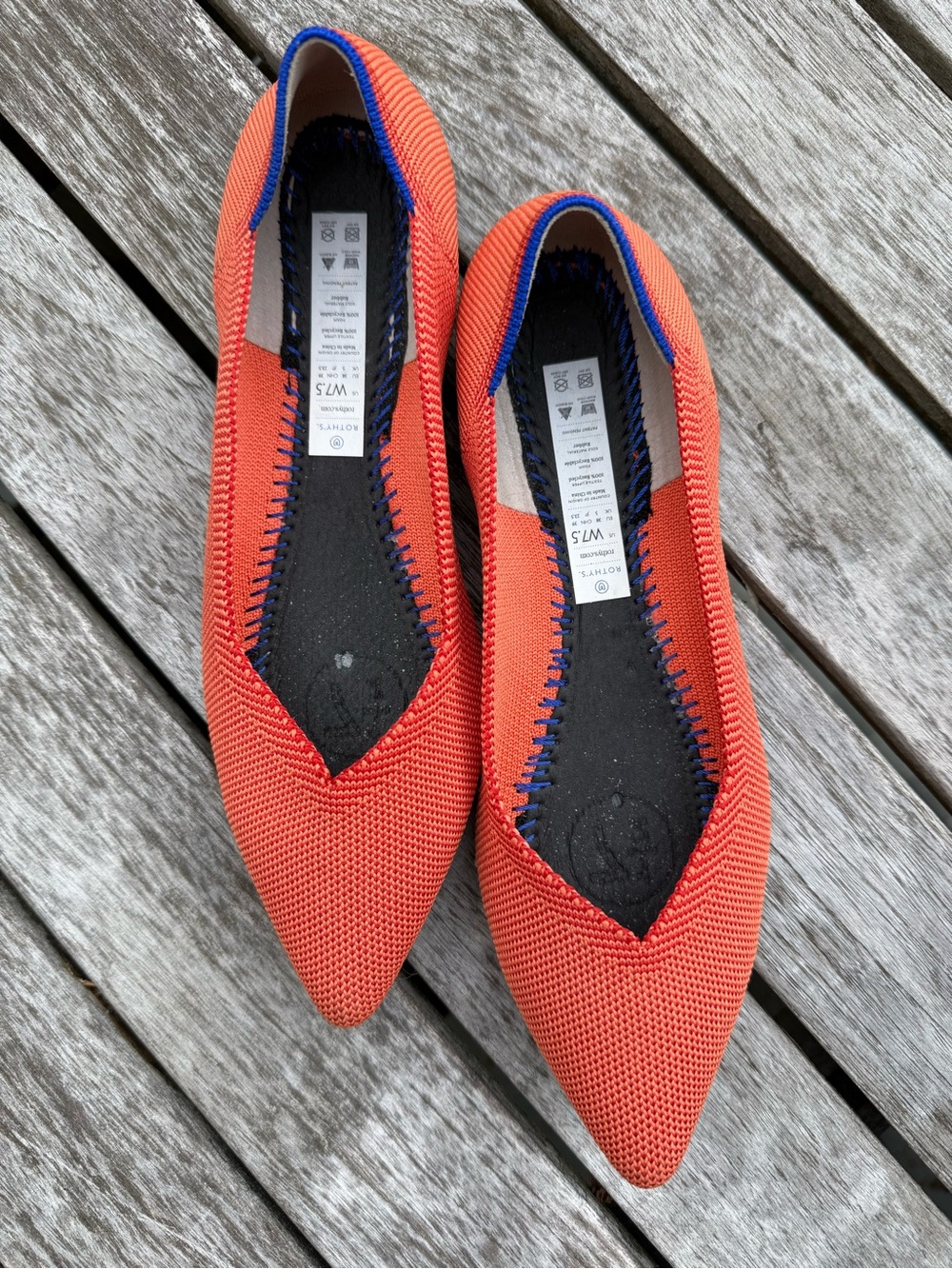 Rothy's Women's Pointed Knit Flats in Coral with Navy Trim